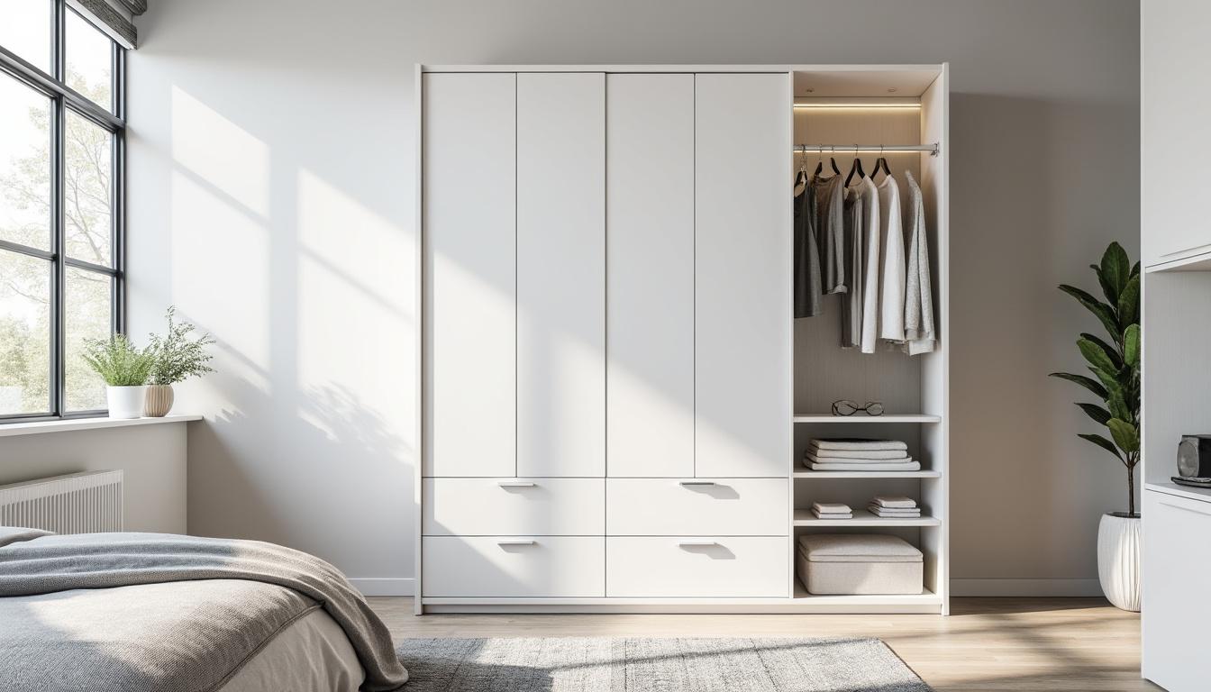 découvrez l'armoire akord s90 blanche : 90 cm de largeur avec 2 portes, 2 tiroirs et 4 étagères. alliez élégance et fonctionnalité dans un meuble compact de 90x51x180 cm, idéal pour optimiser votre espace de rangement.