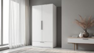 découvrez l'armoire akord s90 blanche, alliant élégance et fonctionnalité avec ses 2 portes, 2 tiroirs et 4 étagères. dimensions : 90x51x180 cm, idéale pour un rangement optimisé et un intérieur moderne.