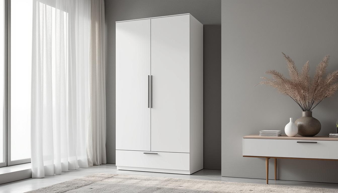 découvrez l'armoire akord s90 blanche, alliant élégance et fonctionnalité avec ses 2 portes, 2 tiroirs et 4 étagères. dimensions : 90x51x180 cm, idéale pour un rangement optimisé et un intérieur moderne.