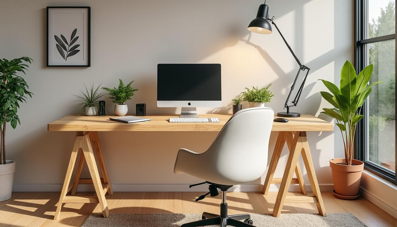 découvrez notre bureau en bois naturel sur tréteaux, alliant design élégant et décoration chaleureuse pour un espace de travail unique et tendance.