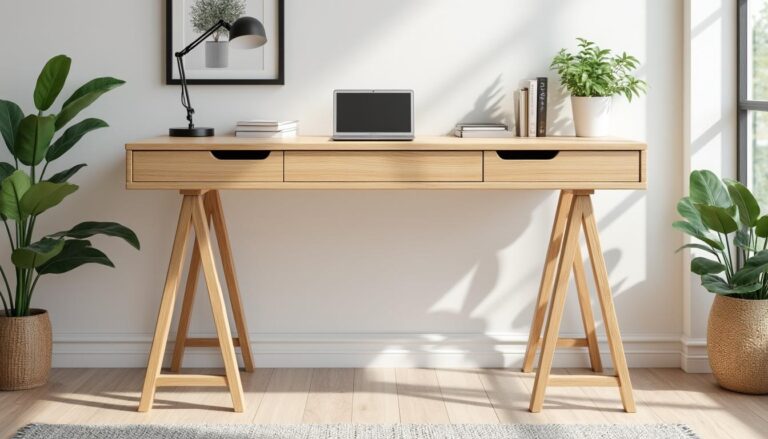 découvrez notre bureau en bois naturel sur tréteaux, alliant design moderne et décoration élégante pour un espace de travail chaleureux et stylé.