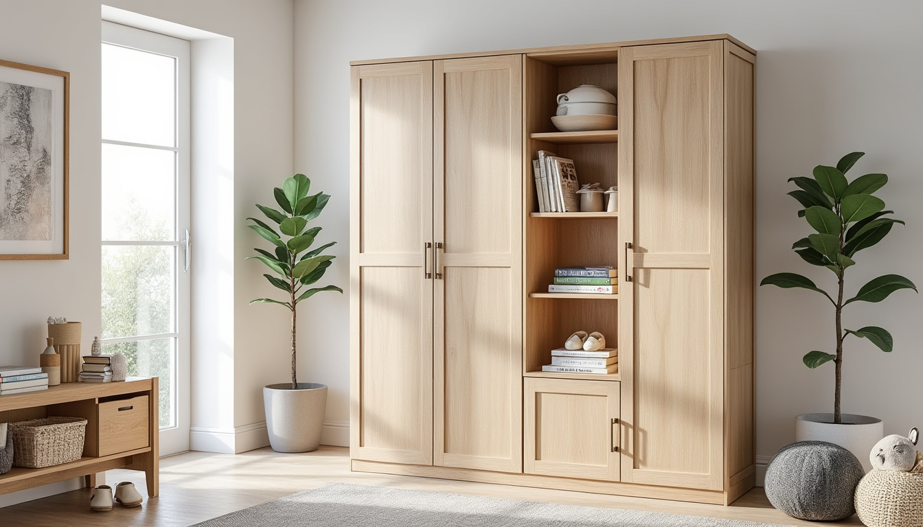 découvrez l'armoire de rangement dinamic en pin, avec 4 portes et 4 étagères pratiques, idéale pour une organisation optimale de votre espace.
