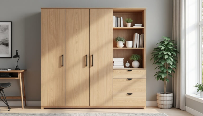 découvrez l'armoire de rangement dinamic en pin avec 4 portes et 4 étagères, idéale pour organiser votre espace de manière pratique et élégante.