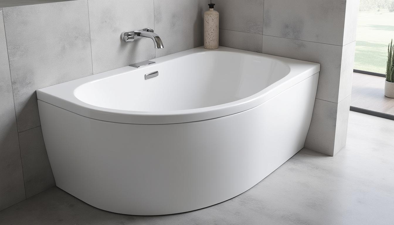 découvrez la baignoire murale d'angle modena en blanc brillant, élégante et moderne, avec des dimensions de 170 cm de longueur, 80 cm de largeur et 58,5 cm de hauteur, parfaite pour optimiser l'espace de votre salle de bain.