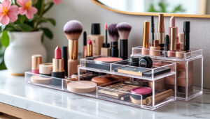 découvrez notre organisateur astucieux, parfait pour ranger tous vos indispensables de maquillage de manière pratique et élégante.