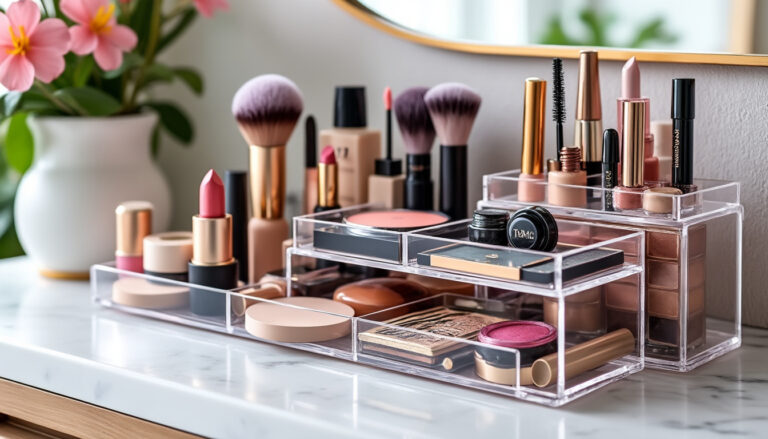 découvrez notre organisateur astucieux, parfait pour ranger tous vos indispensables de maquillage de manière pratique et élégante.