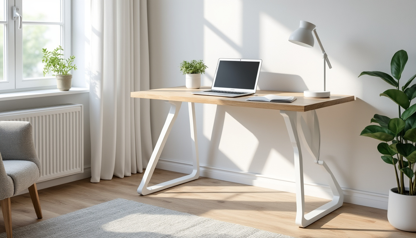 découvrez notre table de bureau en bois naturel avec pieds tréteaux blancs, alliant design élégant et fonctionnalité pour un espace de travail harmonieux et moderne.