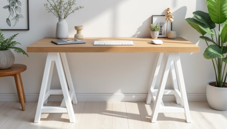 découvrez notre table de bureau en bois naturel sur pieds tréteaux blancs, alliant design épuré et fonctionnalité optimale pour un espace de travail élégant et pratique.