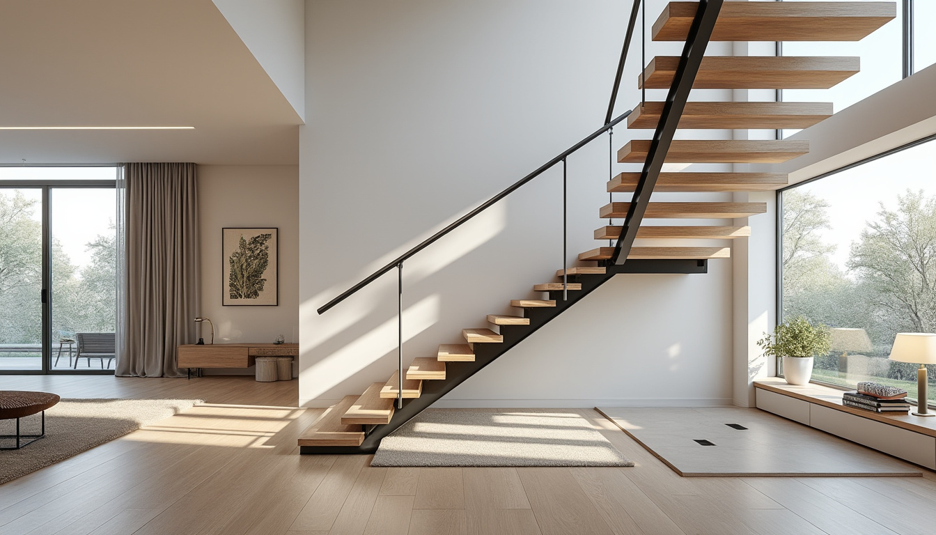 découvrez notre escalier droit sur mesure à limon central, combinant élégamment acier et bois pour un design personnalisé et moderne, parfaitement adapté à votre intérieur.
