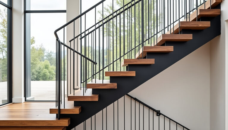 découvrez notre escalier droit sur mesure à limon central, alliant élégamment acier et bois pour un design personnalisé unique, parfait pour sublimer votre intérieur.