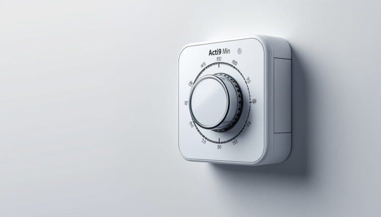 interrupteur minuterie automatique acti9 min, modulable 1 canal, offrant une temporisation réglable de 1 à 7 minutes pour un contrôle précis et efficace de vos installations électriques.