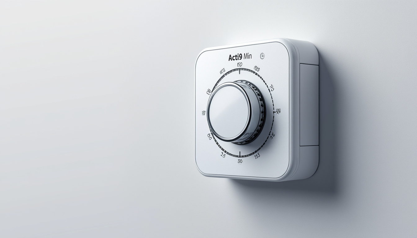 interrupteur minuterie automatique acti9 min, modulable 1 canal, offrant une temporisation réglable de 1 à 7 minutes pour un contrôle précis et efficace de vos installations électriques.