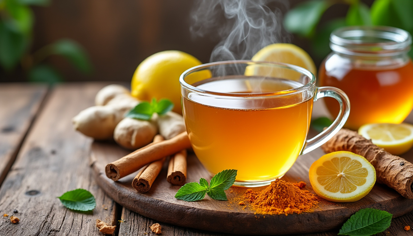 découvrez notre infusion réconfortante au gingembre, curcuma, cannelle, miel et citron, idéale pour soulager naturellement les symptômes du rhume et renforcer vos défenses.
