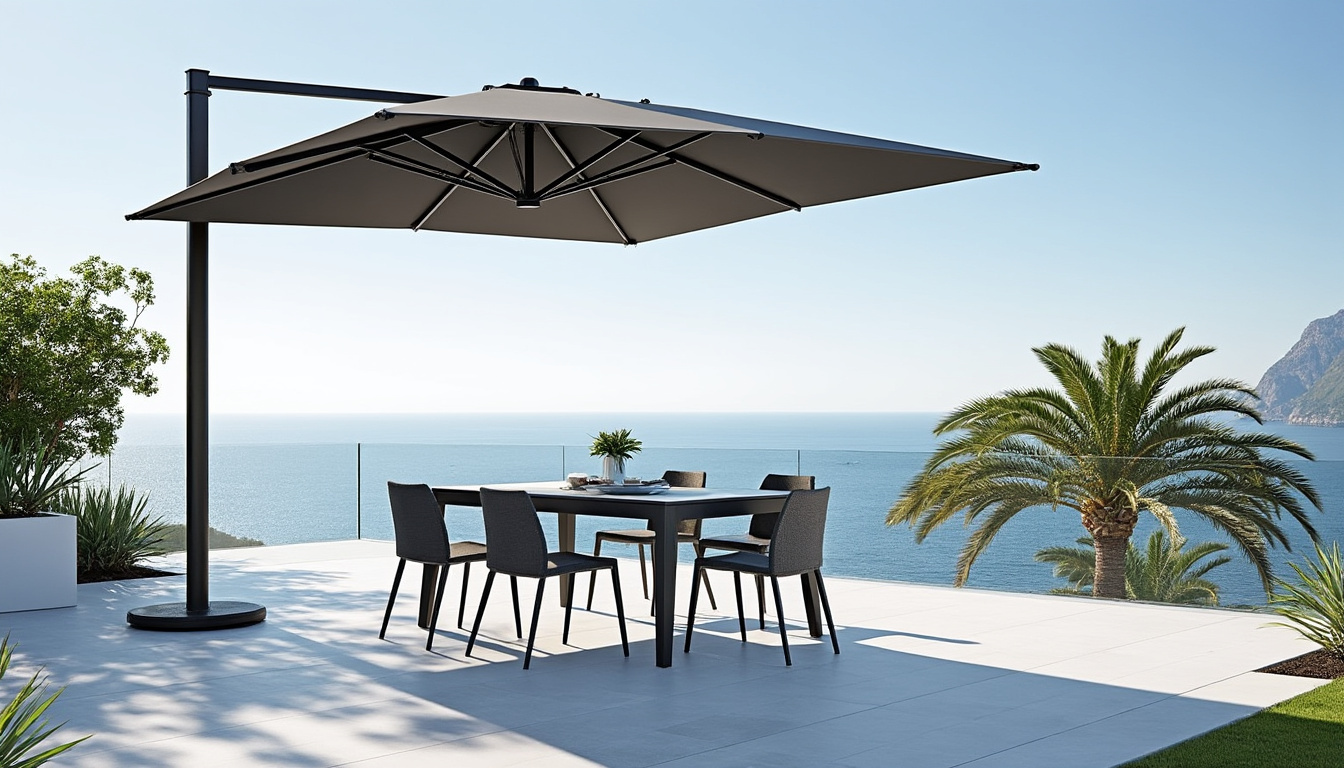 découvrez le parasol déporté astro scolaro, alliant qualité et innovation, disponible en dimensions 3x3m, 3,5x3,5m et 3x4m pour une protection solaire optimale et élégante.