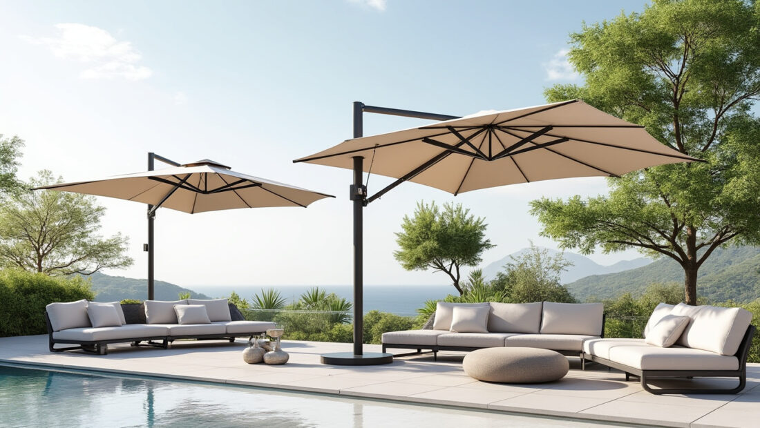 découvrez le parasol déporté astro scolaro alliant qualité et innovation, disponible en dimensions 3x3m, 3,5x3,5m et 3x4m pour un ombrage optimal et élégant.