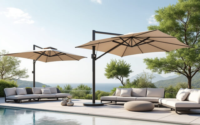 découvrez le parasol déporté astro scolaro alliant qualité et innovation, disponible en dimensions 3x3m, 3,5x3,5m et 3x4m pour un ombrage optimal et élégant.